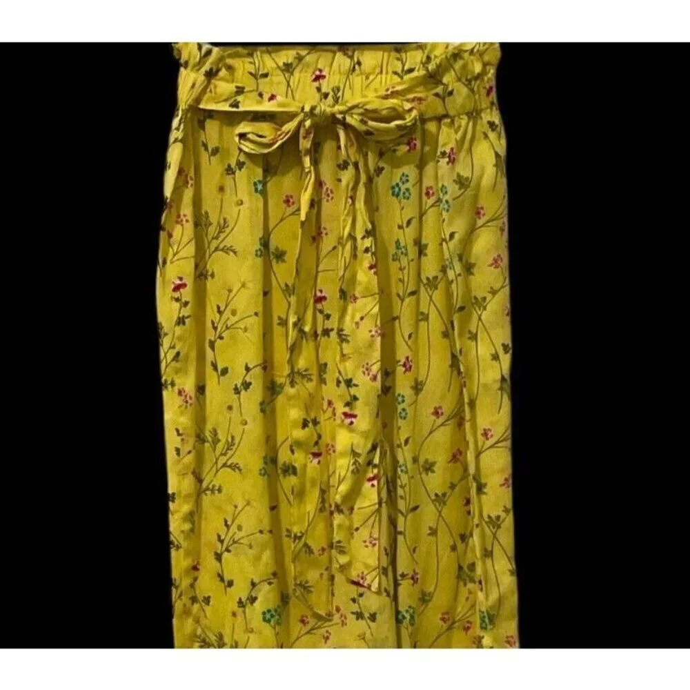 Rare Edition Girls Straight Leg Pants Size 12 Yellow Floral Print Tie Elastic